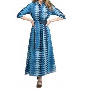NEW BEAU & RO eloise shirt maxi dress in fall blue bagru triangle